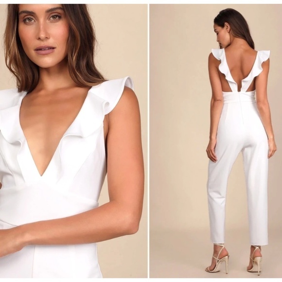 LULU's Wedding Bridal Shower White Ruffle Jumpsuit Pantsuit • X-Small NWOT - Picture 1 of 4